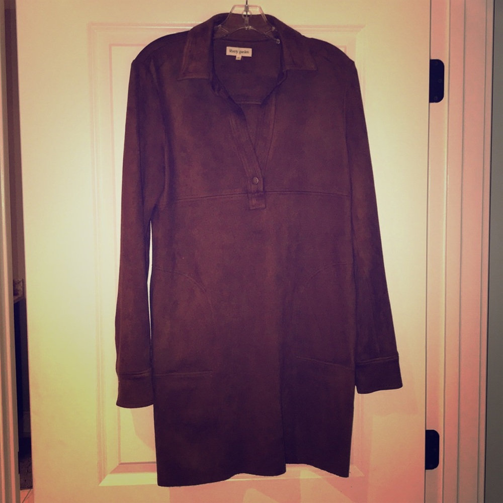 Brown faux suede collared shirt dress with pockets
